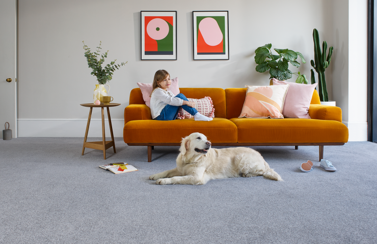 girl sitting on orange sofa on grey carpet with large dog